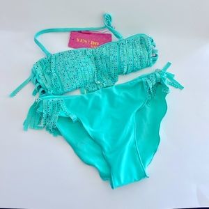 Yes! Do Girls Swimwear w/ Fringe/Tassel & rhinestones Mint Green Size 11/12 NEW